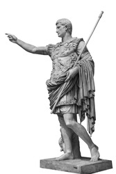 Caesar Augustus, the first emperor of Ancient Rome. Bronze monumental statue in the center of Rome isolated on white background by clipping path
