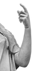 Stone statue detail of human hand isolated on white background by clipping path