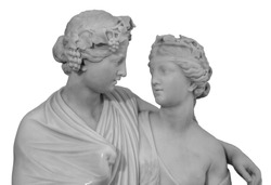 Ancient sculpture of Bacchus and Ariadne. Marble man and woman statue isolated on white background.