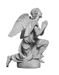 Angel statue isolated on white background. White stone sculpture of praying cherub
