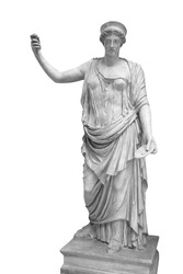 Statue of the Greek goddess Hera or the Roman goddess Juno isolated on white with clipping path. Goddess of women, marriage, family and childbirth. Ancient sculpture