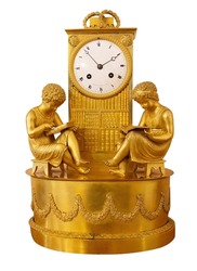 Venetian Accent Gold and Marble Sculptural Clock Isolated. Decorative Golden Vintage Empire Style Decorative Time Pieces Statue for Living Room and Bedrooms. Retro Mantel Clock