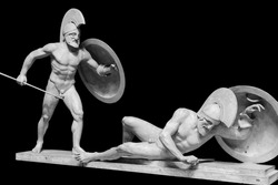 Roman ancient sculpture of warriors historical sculpture isolated on black with clipping path