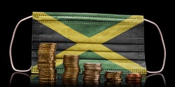 A surgical mask with the flag of Jamaica behind some descending stacks of various coins.(series)