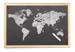 Blackboard with a chalk and the map of the world drawn onto. (series)