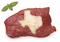 Raw meat (roast beef) and fat composed into it in the shape of Texas.(series)