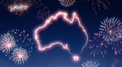 A dark night sky with a sparkling red firecracker in the shape of Australia composed into.(series)