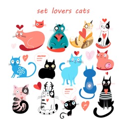 Beautiful vector illustration of a set of cats in love with heart