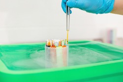 Embryos frozen in liquid nitrogen for IVF procedure close up