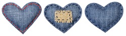 Jeans Heart Shape Patch Object with Stitches Seam, Decorative Fabric Joint Isolated White Background, Valentines Day Textile Icon