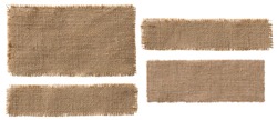 Burlap Fabric Label Pieces, Rustic Hessian Patch, Torn Sack Cloth Isolated over White