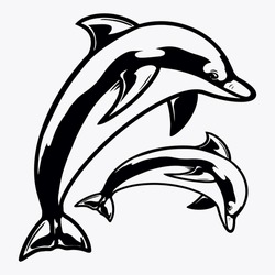 Jump of two dolphins in vintage monochrome style isolated vector illustration