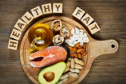Healthy fat source: salmon, oil, avocado, pumpkin seeds, walnuts, peanuts and almonds