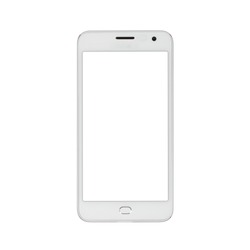 Modern white touchscreen android cellphone tablet smartphone isolated on light background. Empty screen
