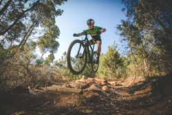 Wide angle view of a mountain biker speeding downhill on a mountain bike track in the woods