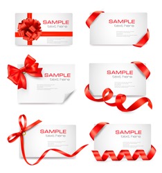  Set of card notes with red gift bows with ribbons Vector