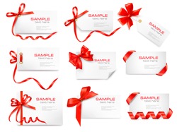 Set of card notes with red gift bows with ribbons Vector