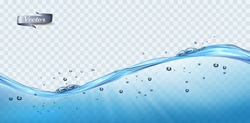 Transparent water waves with air bubbles and sunbeams on transparent background. Vector illustration