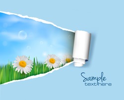Nature background with ripped paper. Vector illustration.