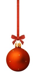 Christmas ball hanging with ribbon on white background