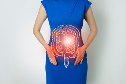 Photo template of unrecognizable woman representing graphic visualisation of intestine organ highlighted red. Detox and digestive system health concept. Photo, linear handrawn illustration.
