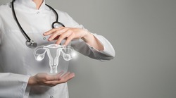 Female doctor holding virtual Uterus in hand. Handrawn human organ, copy space on right side, raw photo colors. Healthcare hospital service concept stock photo
