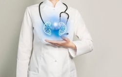 kidney issues medical concept. Photo of female doctor, empty space. 