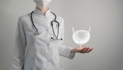 Bladder issues medical concept. Photo of female doctor, empty space. 