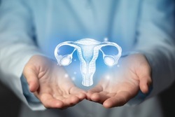 Reproductive system issues medical concept. Photo of female doctor, empty space. 