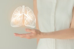 Unrecognizable female patient in white clothes, highlighted handrawn lungs. Human respiratory system issues concept.