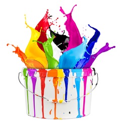 white bucket with colorful rainbow color paint splashes isolated on white background creative diy handyman renovation concept