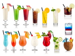set of cocktails soft and long-drinks ind front of white background