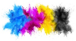 colorful CMYK cyan magenta yellow key holi paint color powder explosion print concept isolated on white background