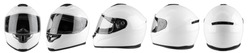 Set collection of white motorcycle carbon integral crash helmet isolated on white background. motorsport car kart racing transportation safety concept