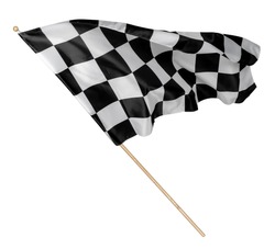 Black white race chequered or checkered flag with wooden stick isolated background. motorsport car racing symbol concept