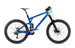 blue enduro carbon all mountain bike with full supsension and aluminum wheels. fully mountainbike for offroad bicycle extreme sport isolated on white background