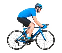 professional bicycle road racing cyclist racer  in blue sports jersey on light carbon race cycle. sport exercise training cycling concept isolated on white background