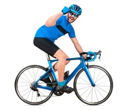 professional bicycle road racing cyclist racer in blue sports jersey on light carbon race cycle celebration celebrating win. sport exercise training cycling winner concept isolated on white background