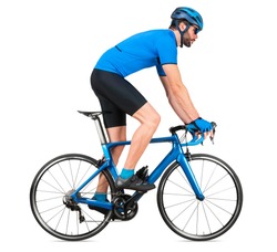 professional bicycle road racing cyclist racer  in blue sports jersey on light carbon race out of the saddle ascent uphill climbing position sport training cycling concept isolated on white background