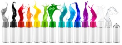 set collection row of many various spray can spraying colorful rainbow paint liquid color splash explosion isolated on white background. Industry diy paintjob graffiti concept.