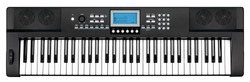 modern black piano keyboard electronic synthesizer party band studio music instrument with blue dispay screen isolated on white background