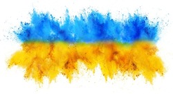 colorful ukrainan flag yellow blue color holi paint powder explosion isolated on white background. russia ukraine conflict war freedom concept