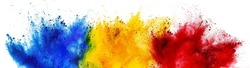 colorful romanian flag black blue yello red color holi paint powder explosion isolated on white background. Romania europe celebration soccer travel tourism concept