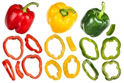 set collection of green red and yellow sweet pepper paprika whole fruit slice and pieces isolated on white background with clipping path. vegetable healthy eating diet vegan concept