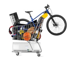 Full shop cart filled with many goods like bicycle music instruments multimedia equipment DSLR camera and pc computer hardware isolated on white background. online shopping ecommerce concept