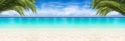 wide paradise beach panorama background with coco palms