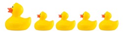 yellow classic rubber bath duck toy family concept row isolated on white background