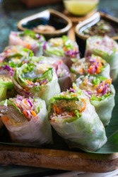 Healthy fresh vegetable spring rolls serving