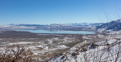 Banner with Mono Lake, Blue Sky, Mountains in Scenic Landscape