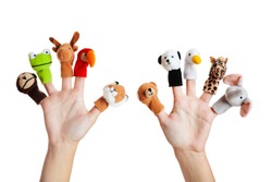 Female hand wearing 10 finger puppets; monkey, frog, reindeer, parrot; lion; bear; panda; duck; giraffe; elephant